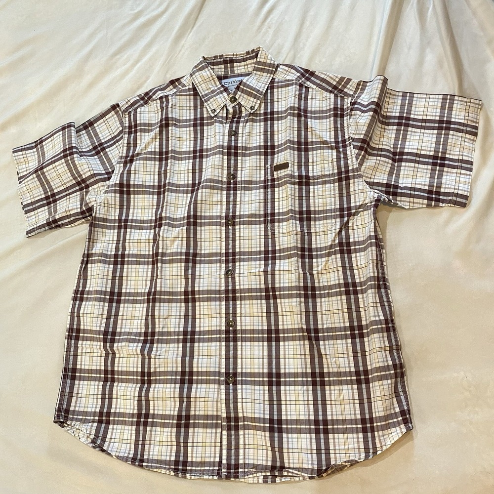 Carhartt Short Sleeve Brown Plaid 100% Cotton Button Up Shirt Men's Size L, EUC